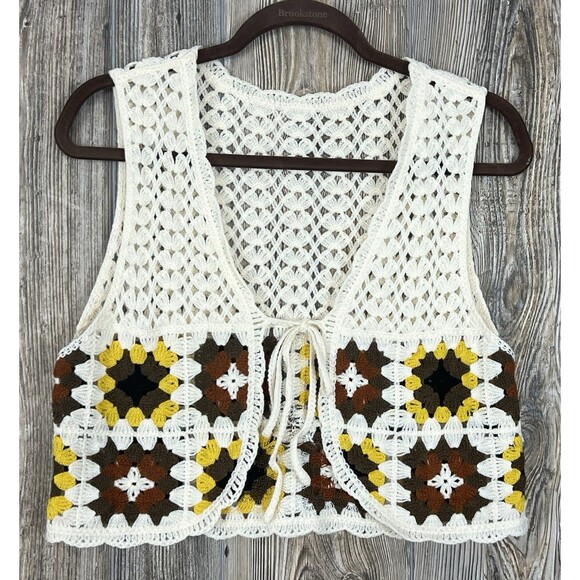 Dazy Granny Square Cardigan Sweater Vest Large Cropped Crochet  Cottagecore Boho - Picture 1 of 12